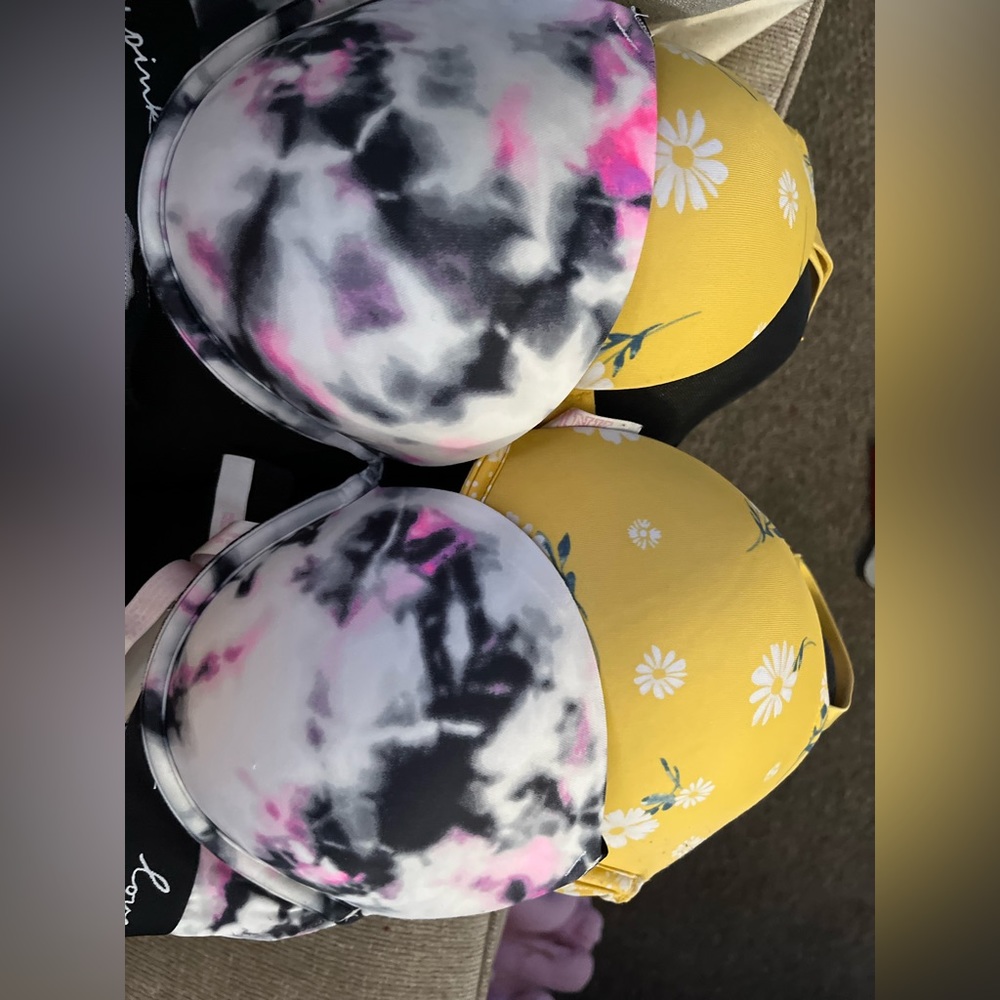 One’s multicolored and the other one it yellow with flowers both are PINK